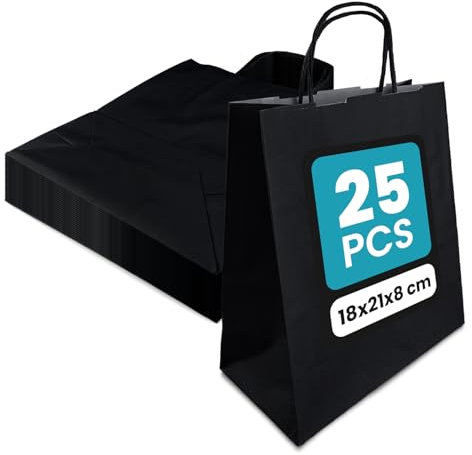 Netuno 25 Papiertaschen mit Henkel Schwarz 18 x 21 x 8 cm farbige Papiertüten Kraftpapier mit Griffen Geschenktüten Kraft Papierbeutel Papiertragetaschen Öko Kraftpapiertaschen Tragetaschen paper bags