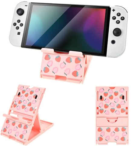 DLseego Support pour Console Switch 2/OLED/Lite,Antidérapant Réglable Thème Vert Support de Jeu Pliable Compact Base de Jeux,Petite Fraise