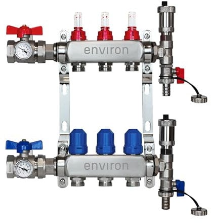ENVIRON- Heizkreisverteiler [2-12 Heizkreise] mit Kugelhahn Set und Schnellentlüfter Set | Heizung Fußbodenheizung (3 Heizkreisε)