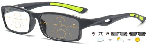 ABETOS Photochrome Progressive Multifocus Sport Lesebrille mit Sonnenschutz Selbsttönende Gleitsichtbrille Sportliche Brille mit Stärke für Damen Herren