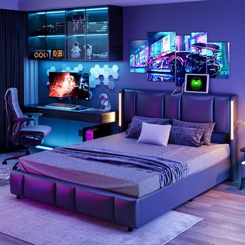 Lazyspace Polsterbett 160x200 cm, Hydraulisch Stauraumbett Funktionsbett mit Großer Stauraum, Doppelbett mit LED-Beleuchtung, Einzelbett mit Kopfteil und Lattenrost, Jugendbett, PU-Leder, Schwarz