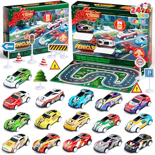 JOYIN Weihnachts-Adventskalender 2025, 24 Tage Weihnachts-Countdown, Rückziehfahrzeuge für Jungen, Mädchen, Kleinkinder, Kinder, Weihnachtsparty-Spielzeuggeschenke