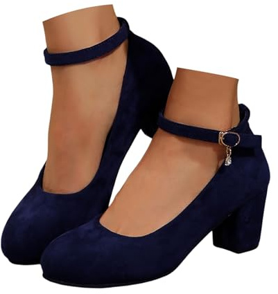 Schuhe Damen Elegant, Trachtenschuhe Damen Mit Absatz High Heels Bequem Dirndl Schuhe Elegante Pumps Absatzschuhe Blockabsatz Slingback Spangenpumps Tanzschuhe Riemchenpumps, Dunkelblau, 38/EU