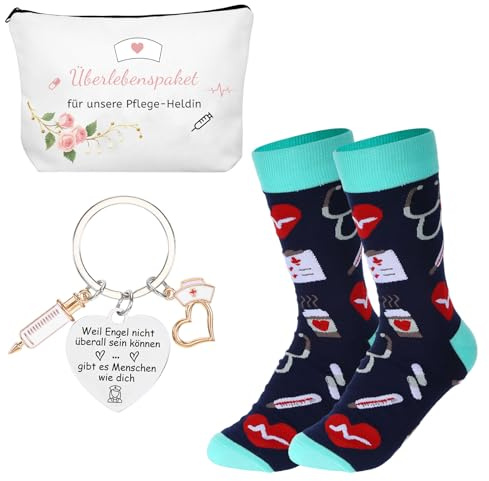 Gweichunon 3-teiliges Krankenschwester Geschenke Set mit lustigen Socken | Dankeschön Geschenk Pflegekraft mit Kosmetiktasche, Schlüsselanhänger, Krankenschwester Zubehör zum bestandenen Examen Pflege