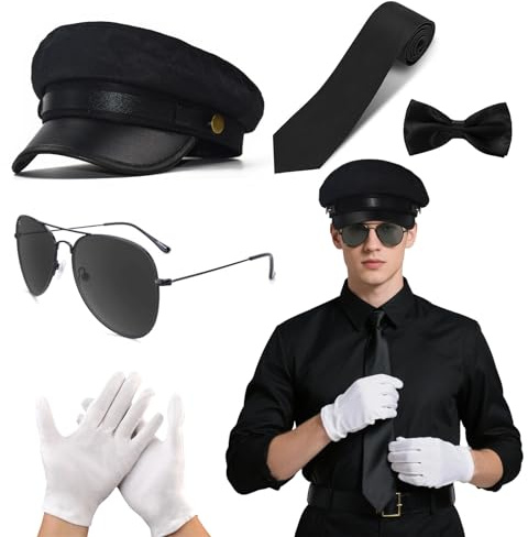 5 Stück Chauffeur Kostüm Zubehör, Fahrer Gangster Biker Taxifahrer Kostüm, schwarzer Hut, Fliege, Sonnenbrille, Krawatte, Handschuhe, 1980 Jahre Verkleidung für Erwachsene, für Cosplay Mottoparty