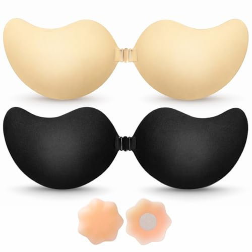 BLOOMORA Soutien-Gorge Adhésif Push Up – 2 Soutiens-Gorge Adhésifs Noir & Beige + Caches-Tétons Réutilisables - Bonnet A-D