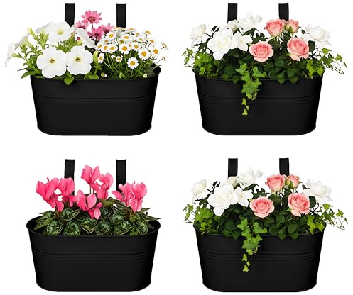 DIVCHI 4PCS Heavy Duty Metal Hanging Plant Pots 30cm Fence Railing Planters with Detachable Hooks Balcony & Garden Flowerpots with Drainage Hole Outdoor & Indoor Décor Planters (Black)