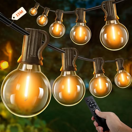 15M Guirlande Lumineuse Exterieure avec Télécommande, Guirlande Guinguette avec 25+2 G40 LED Ampoules, Dimmable, Étanche Chaîne Lumiere Exterieur pour Patio Terrasse Fête Mariage (Blanc Chaud)