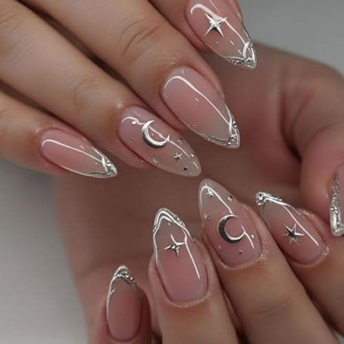24PCS Nude Fake Nails - 3D Silver Stars & Moon Press on Nails - Medium Stick on nails - Almond False Nails French Tip - Strong Glue on nails for Women - Full Cover Acrylic Nail Tips in 12 Sizes