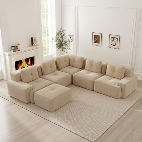 EURHCIO Canapé d'angle Convertible 5 Places,Canape modulable en Velours côtelé Moderne pour Salon,Assise Profonde,Aucun Assemblage requis (Beige, 5-d'angle)