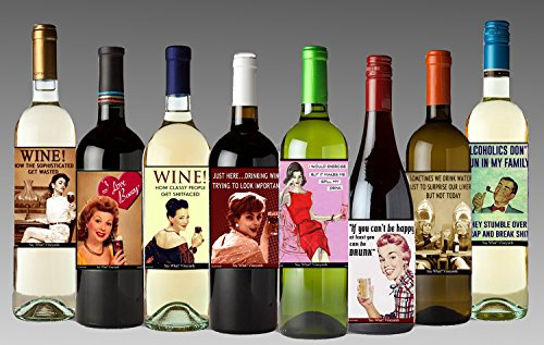 Divertidas etiquetas para botellas de vino con temática retro vintage para terapia líquida, juego de 8 etiquetas para botellas de vino, 5 x 4 pulgadas
