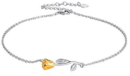 Silvora - Pulsera de tobillo de plata 925 para mujer, cadena de pie de malla 22 cm +5 cm [Plata/Oro Placa/Rosa] Pulsera de tobillo para regalo de San Valentín, joyas de verano de vacaciones de playa