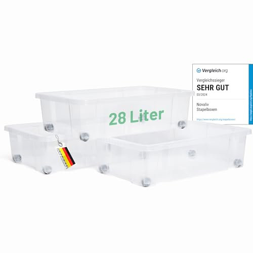 Novaliv 3x Unterbettkommode ohne Deckel 28L Aufbewahrungsbox transparente Nestbar stapelbare Rollkiste BPA-frei 59x39x16 cm