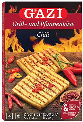 Gazi Grill- und Pfannenkäse Chili - 5x 200gramm - Pfanne Grill Grillkäse Ofen Ofenkäse Backkäse 45% Fett i. Tr. Schnittkäse Käse mikrobielles Lab Halal vegetarisch glutenfrei für Grill und Pfanne