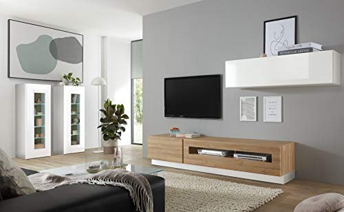 Wohnkombination Roana IX weiß/Grandson Oak hell Dekor 380x190x38-48cm Wohnzimmermöbel Wohnzimmerschrank Schrankwand TV-Schrank Fernsehschrank Größe ohne Beleuchtung