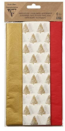 Clairefontaine 95540C - confezione da 6 fogli di carta velina stampata- Misura 50x75 cm - 2 Fogli motivo alberi di Natale + 2 Fogli Rosso + 2 Fogli Oro - assortimento di Natale