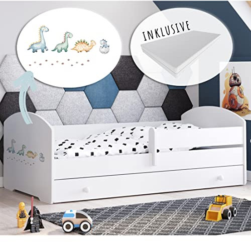 Kids Collective Kinderbett 80x160 cm mit Matratze und Schublade, Rausfallschutz & Lattenrost mit Dinosaurier Motiv, Bett für Jungen und Mädchen, Dino | von 3. bis 10. Lebensjahr