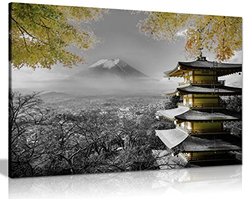 Japanischer Tempel im Herbst, schwarz, weiß, gelb, Leinwand-Kunstdruck, Heimdekoration, 61 x 41 cm