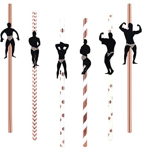 36pcs Hen Party Naughty Straw,Bachelorette Straws Hen Party Cocktail Straws Dancing Men Straws Male Stripper Rose Gold Paper Straws for Bridal Shower Bachelorette Party Decoration Accessories