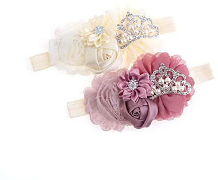 Nishine Baby Christening Headband Toddler Girls Fabric Flower Headband Tiara Stretchy Elastic in Pairs (Child, Ivory/Dusty pink)