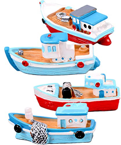 STOBOK Home Decor Miniature Boat Mini Fishing Boat Model Mediterranean Decor Resin Desktop Boat Ornament Ocean Beach Micro Landscape Decoration, Random Styles 4pcs Home Accessories