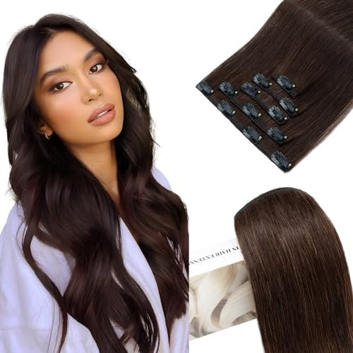 Elailite Clip in Extensions Echthaar, 5 Pcs Remy Haarverlängerung mit 12 Clips, 45cm-70g Glattes Haarteile Natürlich Haarextension für Frauen Damen #2 Braun