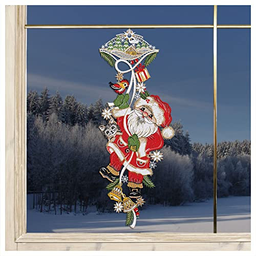 DSD Design-Studio Drechsler Fensterbild Weihnachtsmann mit Kätzchen Plauener Spitze Winter-Girlande Kinderzimmer 48 x 18 cm