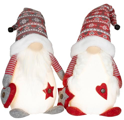Brandsseller Weihnachtswichtel 40 cm mit LED – Skandinavische Figuren, detailreiche GNOME als dekorative Winterdeko für Tisch, Fenster & Wohnzimmer, Paar