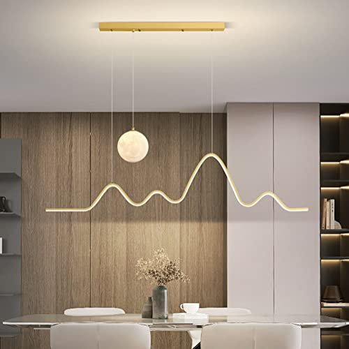 Pendelleuchte Esstisch Esstischlampe, 36W LED Esszimmer Küchen Lampe, Modern Hängelampe Dimmbar 120cm Gebirgsform mit Mondlampe Decken Lampe Esstisch Schlafzimmer Hängend Leuchte (Gold)