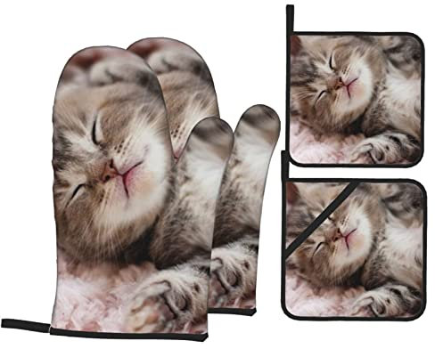 Maniques et maniques en forme de chat endormi - Haute résistance à la chaleur - Surface antidérapante - Doublure intérieure douce pour la cuisson