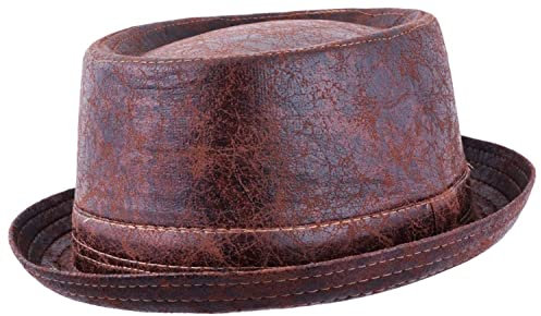 Mens Pork Pie Hat Distressed Cracked Leather Look (as8, Numeric, Numeric_7_and_1_Quarter, Brown)