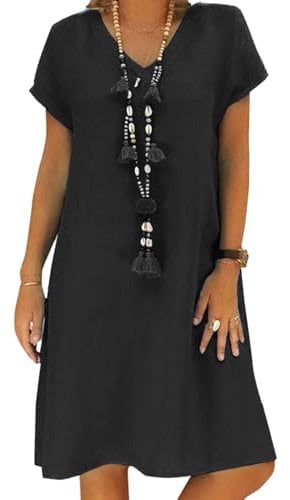 Women's Dress Summer Linen Dresses Casual V Neck Midi Short Sleeve A-line Sundress Tunic Dress Without Accessories (A Black, M)