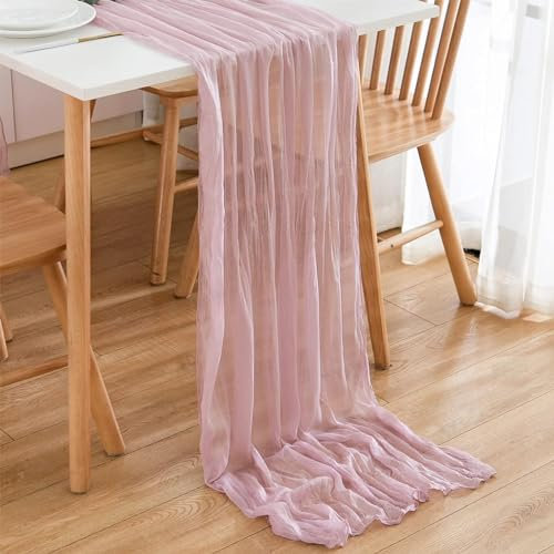 PAITOK Käsetuch Tischläufer, 90 * 300 cm Boho Gaze Stoff Tischdecke Rustikale Tischabdeckung Musselin Dekorationsstoff für Hochzeit, Baby Shower Party Tischdekoration(Rosa)