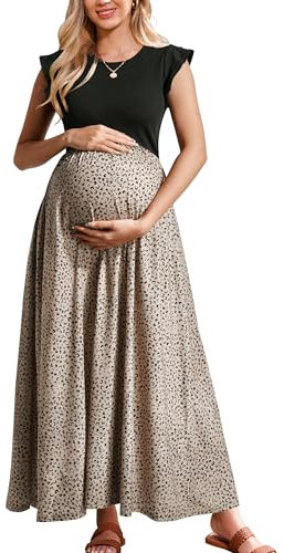 OUGES Sommerkleid Damen Lang Rüschen Maxikleid Elegant Sommer Kleid mit Taschen(Floral A,L)