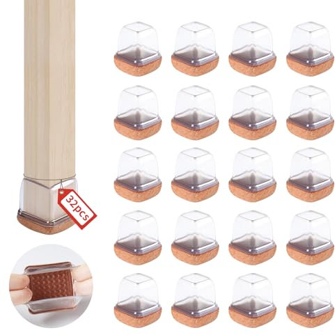 Stuhlbein-Filzgleiter, Silikon-Stuhlbeinkappen, Bodenschoner, Keine Kratzer, kein Lärm, klares Silikon, Φ 21-28 mm Stuhlbein-Filzgleiter, quadratisch, 32 Stück