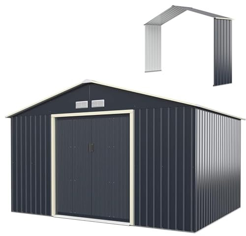 GOPLUS 10,85㎡ Abri de Jardin Métal avec Kit d’Extension, Cabine de Jardin Extérieur Portes Coulissantes, Cabane de Rangement à Outils, 330 x 255 x 210 cm, Gris