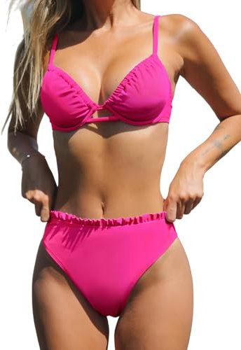 CUPSHE Maillot de bain deux pièces pour femme - Taille haute - Push Up - Cordon de serrage, Maillot Piscine, rose vif, Taille L