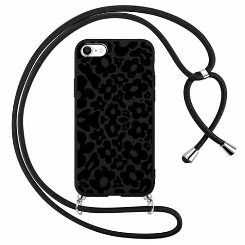 Foonary Cover con Cordino per Apple iPhone 8/7/SE 2020/SE 2022 4,7, Custodia con Laccio Collana Tracolla Aesthetic Antiurto Necklace Regolabile Protettiva Corda Case per iPhone8,Nero Fiori