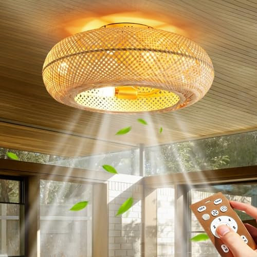 Bambù Retro Ventilatore Da Soffitto Con Illuminazione E Telecomando Plafoniera Silenzioso Luce Soffitto 6 Velocità Reversibile Vintage Rattan Camera Da Letto Soggiorno Cucina Sala Da Pranzo Lampadario