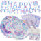 hicoosee 101 PCS Tache de Sirène Vaisselle de Fête avec Unique Decoration Anniversaire, Jetable Vaisselle ont Assiettes Gobelets Papier Pailles Serviettes, Party Assiettes pour Enfants, 20 Invités