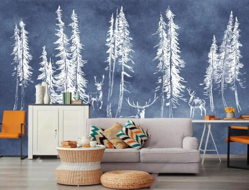 Fototapete 3D Effekt Tapete Holzoptik Handgemalte Birke Cartoon Elch Rustikalen Hintergrund Wand 150x105cm Steinoptik Decke Schlafzimmer Wohnzimmer Kinderzimmer Wanddeko, Wandbild, Wandtapete