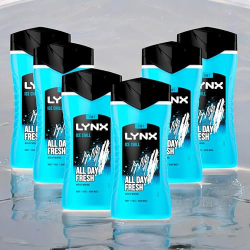 6 Pack of 225ml Lynx 3-in-1 Ice Chill All Day Fresh with Icy Menthol Body wash Wash, 225ml with Plant-based Moisturisers Dermatologically Tested, Keep Smelling Irresistible!