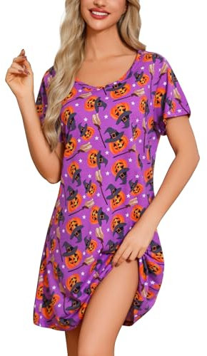 ENJOYNIGHT Chemise de Nuit Femme Manches Courtes Vêtements de Nuit Coton Imprimé Robe de Nuit (3X-Large,Citrouille Violette)