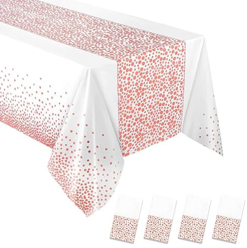 Lonsien Weiß Rosa Gold Party Tischdecke Einweg 4 Stück Tischdecke Bierzeltgarnitur 137 x 274 cm Wasserdicht Plastik Rechteckig Tischtuch Geeignet für Hochzeit, Weihnachten, Abschlussfeier,Geburtstag