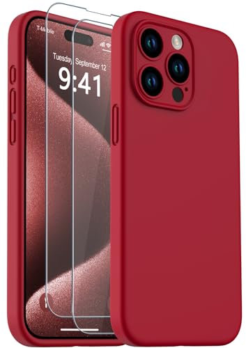 CASELIVE for iPhone 15 Pro Max Case, Liquid Silicone Case with [Tempered Glass Screen Protector] Full Body Shockproof Anti-Scratch Soft Microfiber Lining Cover for iPhone 15 Pro Max 6.7''(Red)