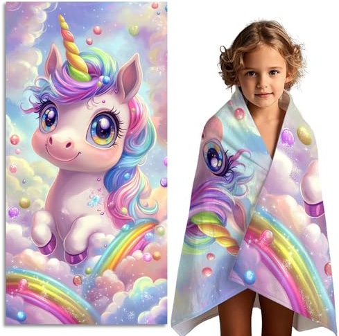 FEELJAM Kinder Strandtuch Mädchen Einhorn Strandhandtuch 70 x 140 Schwimmen Duschtuch - Buntes Einhorn