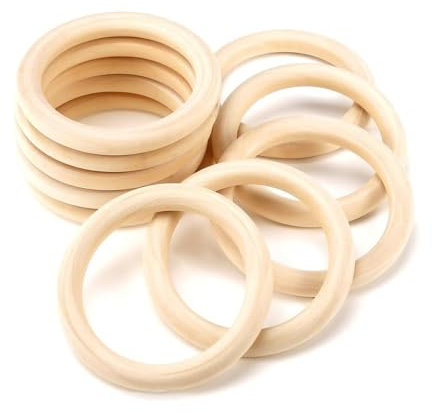 CUEMOON 10 Stück Beißring Holz, 70mm Holzringe Baby, Holzring für DIY Schmuck Basteln - Naturfarben Ringe für Kinder und Kunsthandwerk