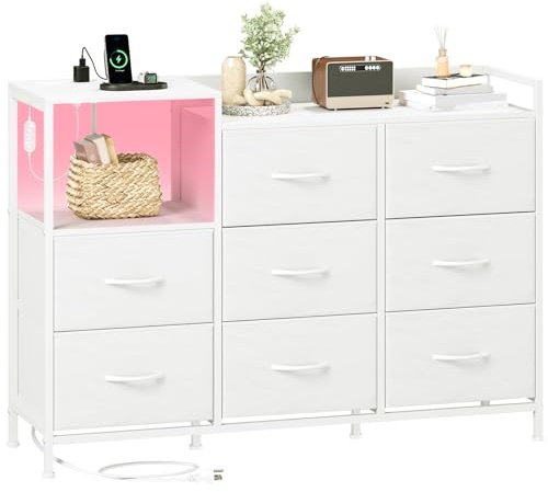 Somdot Kommode Wohnzimmer, Steckdose & LED, 8 Stoffschubladen, Weiß | Komodenschrank, LED-Lichter, 2 AC-Steckdosen, 1 USB-A & C Anschluss, Holzwerkstoffoberplatte, Wohnzimmer, 29T x 99B x 70,5H