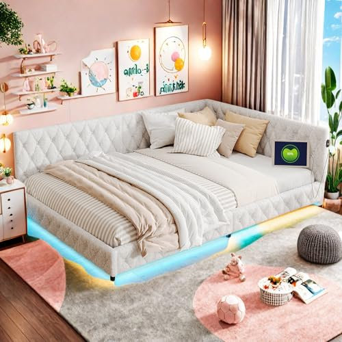 SHAODENG Polsterbett 140x200 mit LED und USB-Anschlussm, Jugendbett Bettgestell mit Lattenrost, Tagesbett Schlafsofa Bett Bettsofa Gästebett Funkionsbett Doppelbett, ohne Matratze, Beige