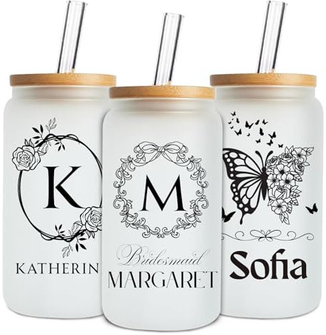 Mason Life Personalisierte Glas mit Initia Name- Glas mit Deckel und Strohhalmen, Eiskaffee Becher 530 ml-Personalisierte Geschenk für Muttertag, Geburtstag, Hochzeit